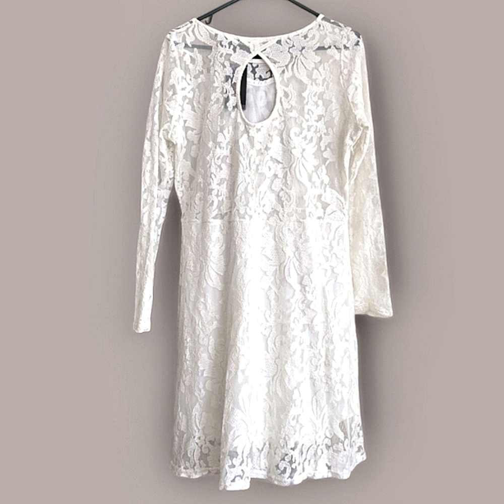KoKo-Ailis White Lace Dress Midi Long Sleeve Keyhole Back 2X Party Wedding NWT - Picture 4 of 11